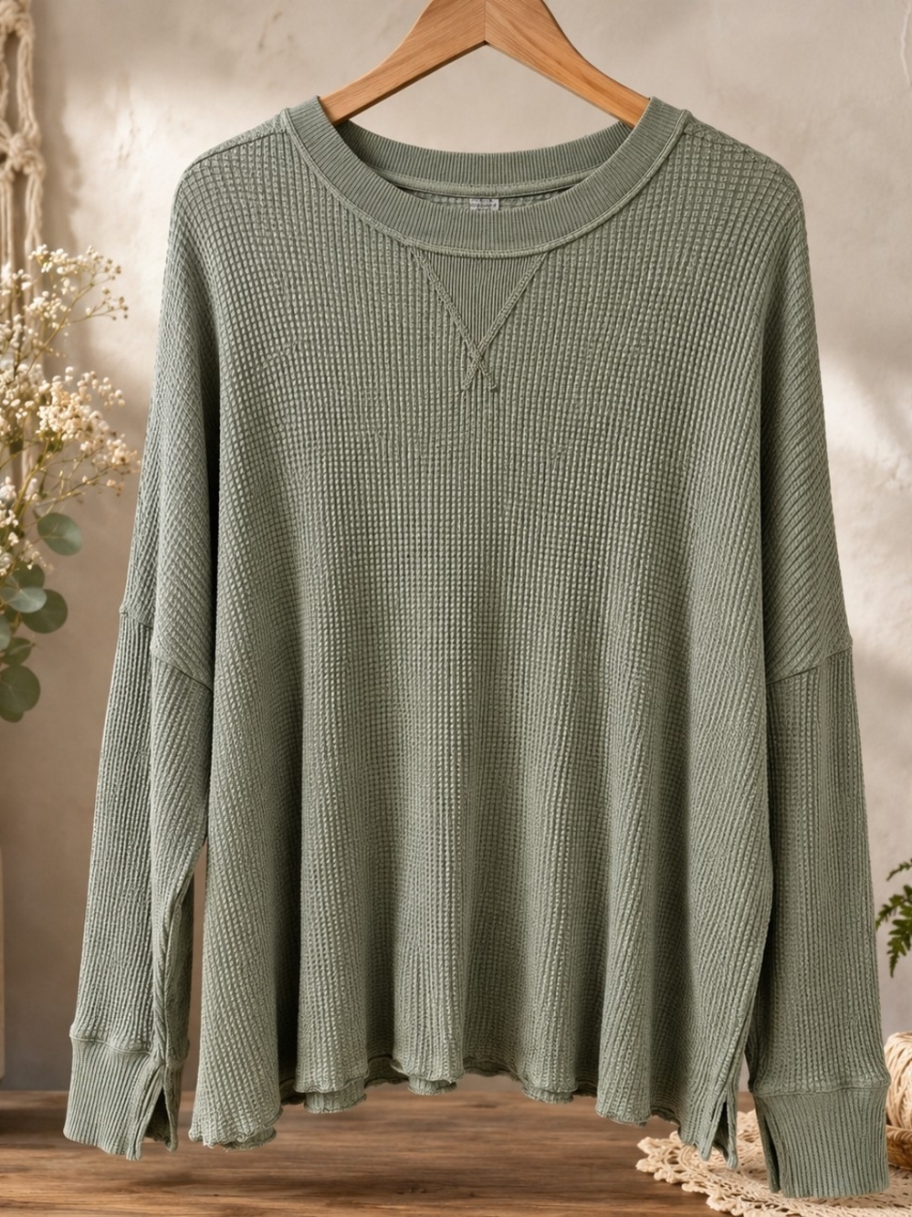 aerie Sage Green Oversized Waffle Thermal Top XS Slouchy Boho PTP25"